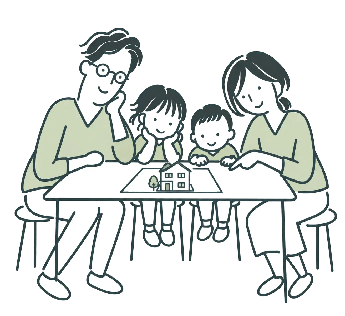 テーブルの上の家の模型を囲んで話す家族のイラスト